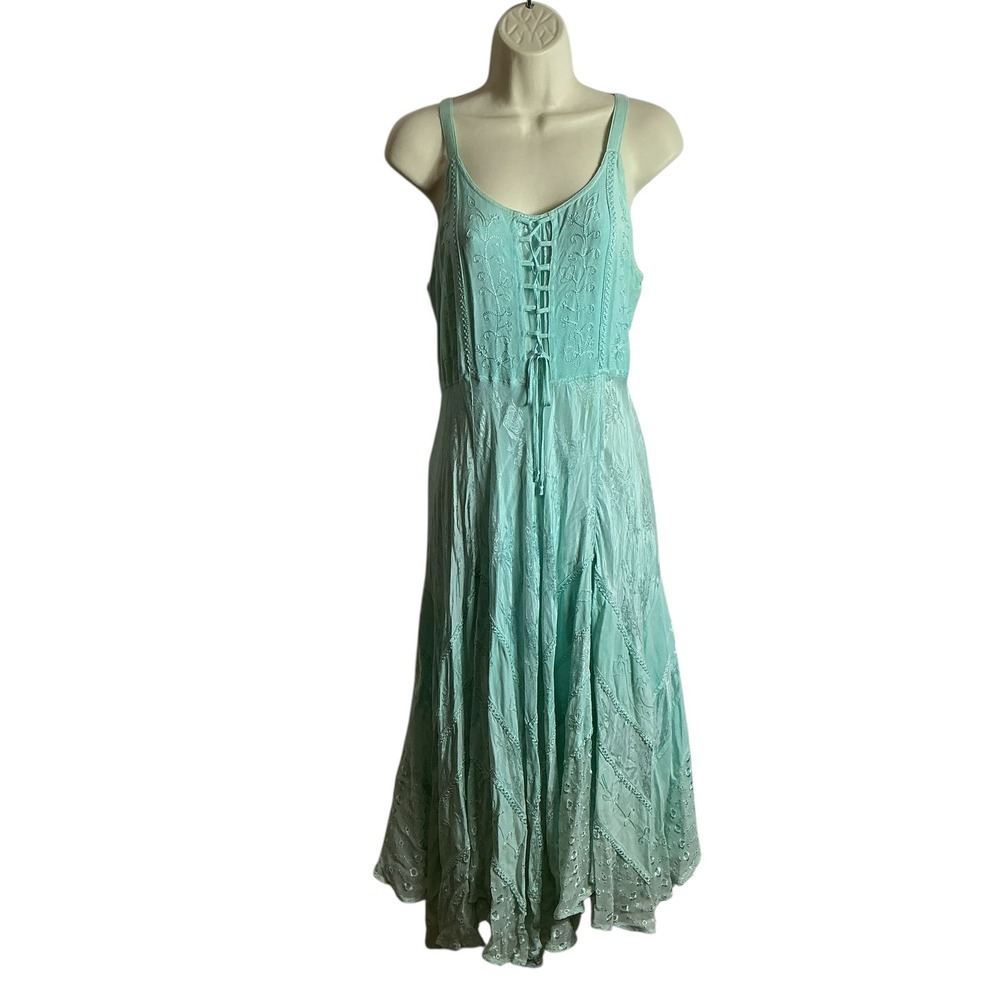 Vintage Y2K Coquette Blue Corset Lace Smocked Back Trim Embroidered Dress